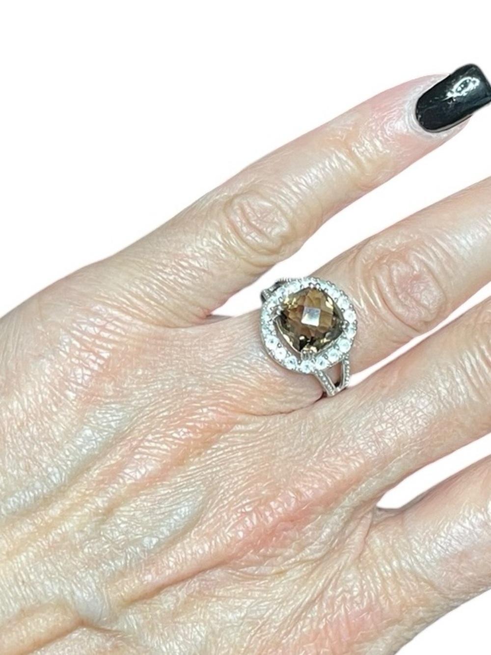 Sterling Silver Smoky Quartz White Topaz Halo Ring Size 5.25